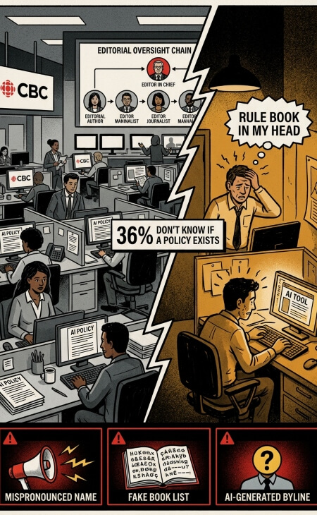 Editorial illustration contrasting a structured CBC newsroom with AI policies against a lone writer using unchecked AI — highlighting that 36% don't know if a policy exists, plus AI failures like fake sources and errors.