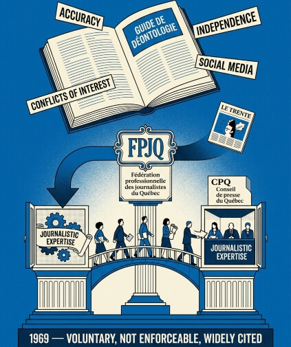 Editorial illustration of Quebec's journalism ethics framework — FPJQ's Guide de déontologie covering accuracy, independence, conflicts of interest, and social media, linked to the Conseil de presse du Québec.
