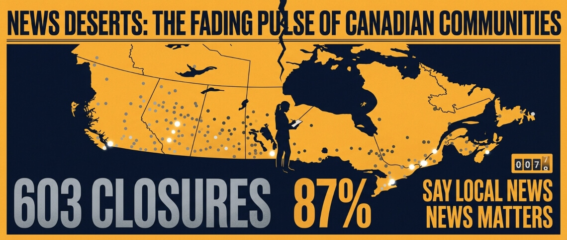 Map of Canada highlighting news outlet closures across the country — 603 closures total, with 87% of Canadians saying local news matters.