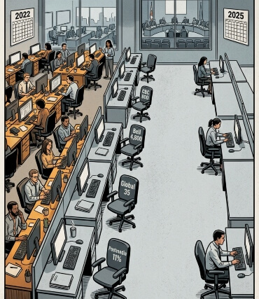 Split newsroom illustration — a full 2022 office on the left versus mostly empty desks in 2025, with chairs labeled CBC 800, Bell 4,800, Global 35, and Postmedia 11%.