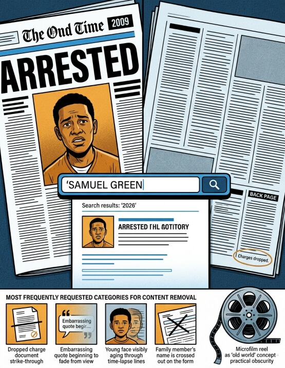 A 2009 arrest headline still appearing in 2026 search results despite charges being dropped, with icons showing the most common reasons people request content removal.
