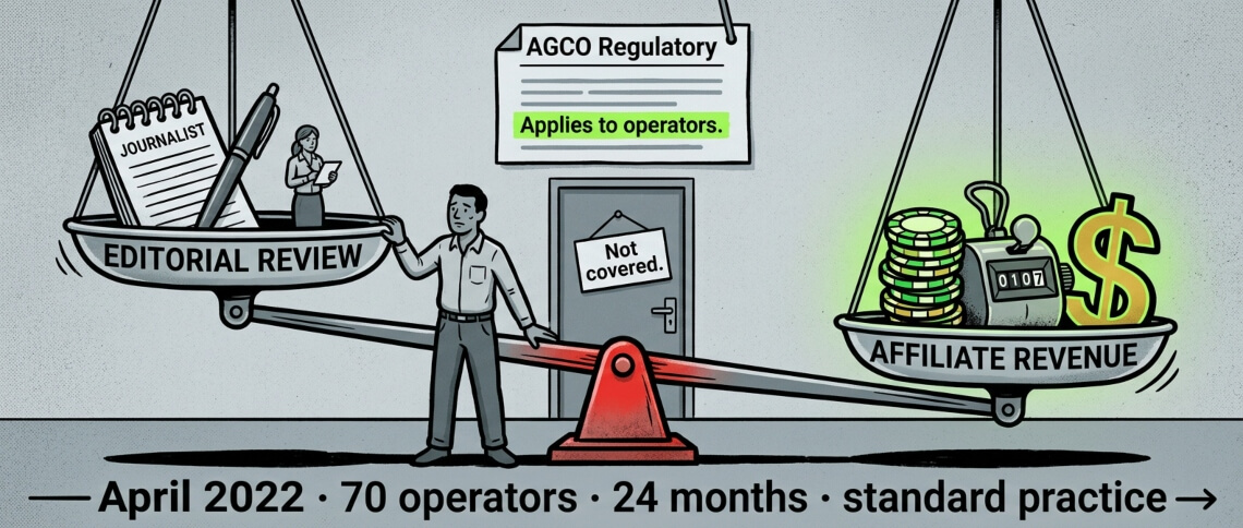 Scales of justice weighing editorial review against affiliate revenue, with AGCO regulations applying to operators but not covering affiliates.