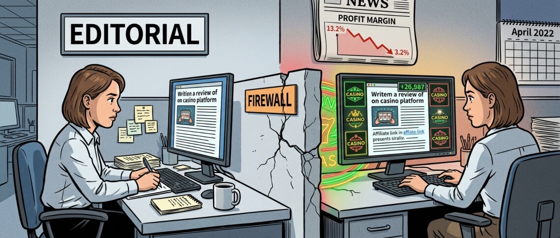 Split illustration contrasting an editorial journalist writing an honest casino review with an affiliate-driven side filled with casino ads and profit margins.