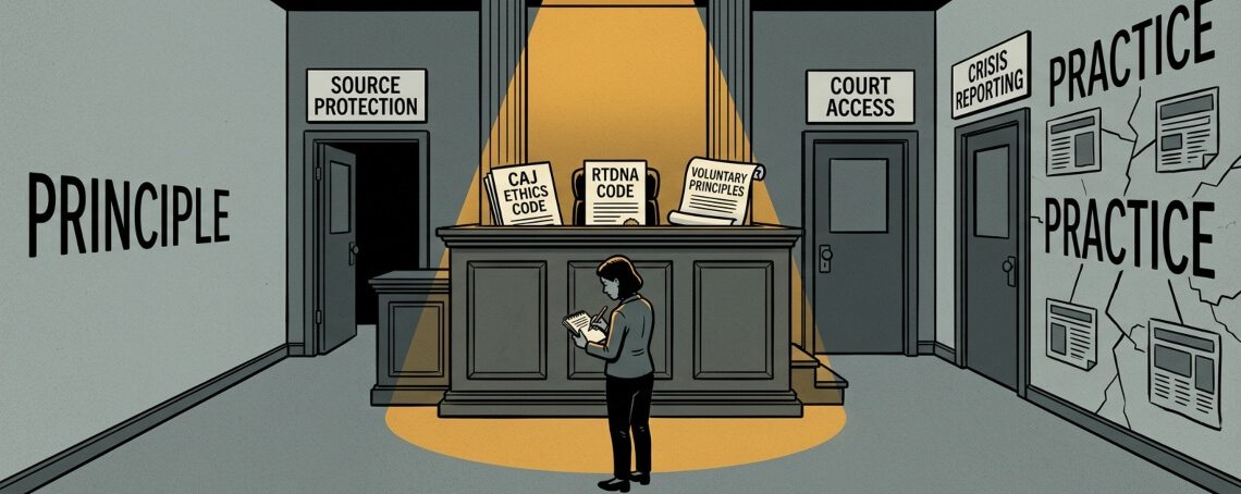 Journalist standing before ethics codes from CAJ and RTDNA, with doors labeled source protection, court access, and crisis reporting — principle on one side, cracked practice on the other.