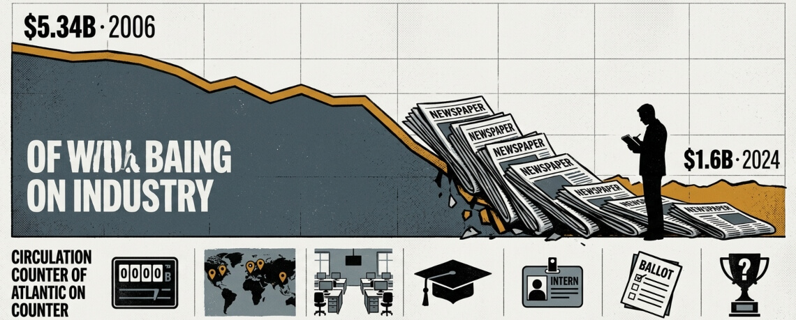 Declining revenue chart from $5.34B in 2006 to $1.6B in 2024 with stacked newspapers tumbling downhill and icons for circulation, newsrooms, and journalism careers.
