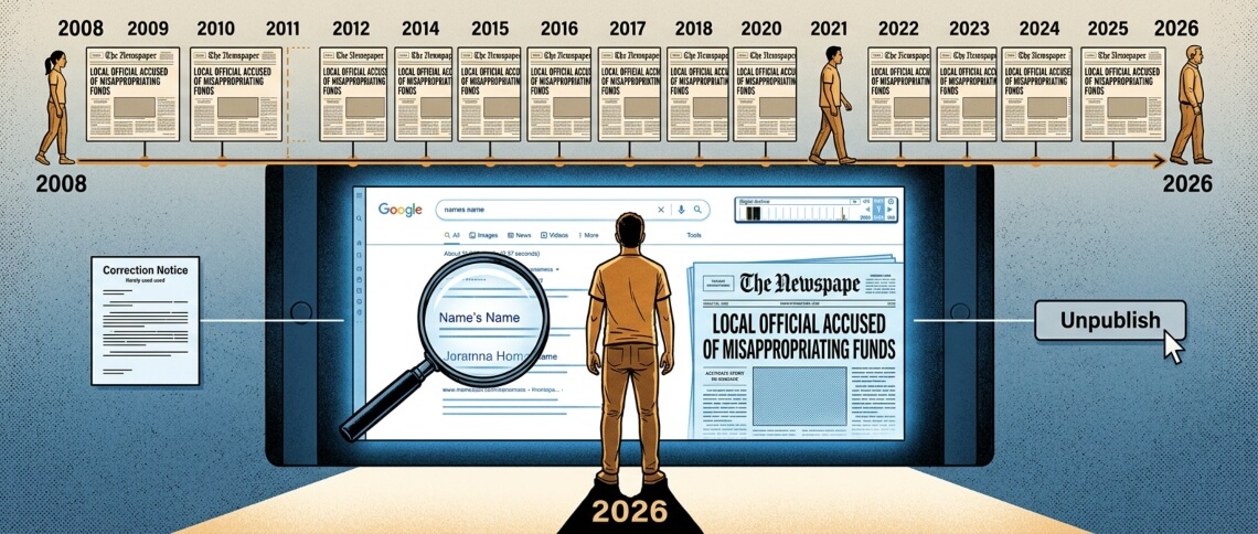 Person facing a Google search result linking to an old accusation headline, with a timeline of the same story persisting from 2008 to 2026 and an unpublish button.